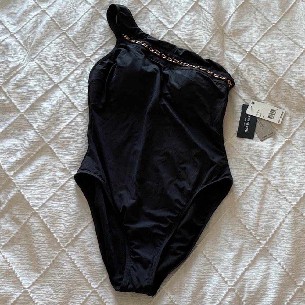 Kenneth Cole - Black One-Shoulder Swimsuit with Gold Chain Trim